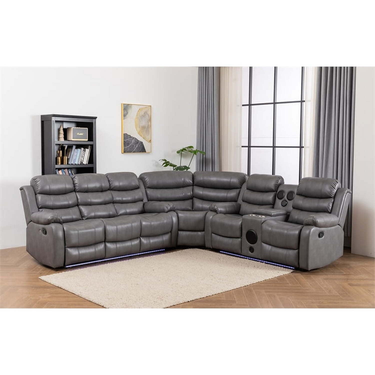 Donivi Home Theater Reclining Sofa LED Faux Leather Sectional with Cup Holders Power Couch for Living Room Brown Walmart
