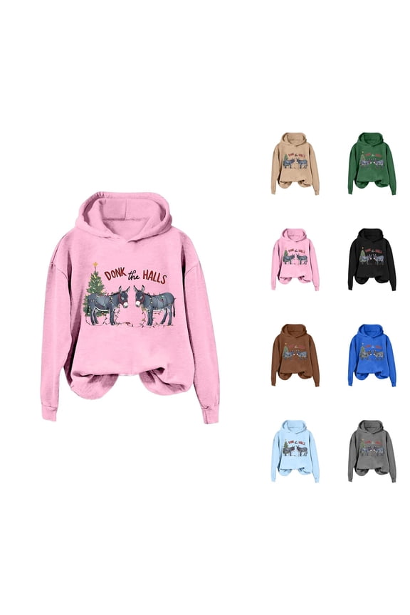 Donk The Halls Christmas Hoodies for Women 2025 Long Sleeve Donkey Graphic Hooded Sweatshirt Pullover Tops