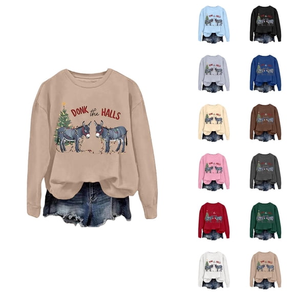Donk The Halls Christmas Sweatshirts for Women 2025 Long Sleeve Crewneck Funny Donkey Graphic Sweatshirt Pullover Tops