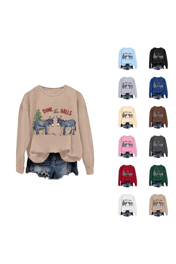 Donk The Halls Christmas Sweatshirts for Women 2025 Long Sleeve Crewneck Funny Donkey Graphic Sweatshirt Pullover Tops