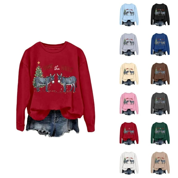 Donk The Halls Christmas Sweatshirts for Women 2025 Long Sleeve Crewneck Funny Donkey Graphic Sweatshirt Pullover Tops