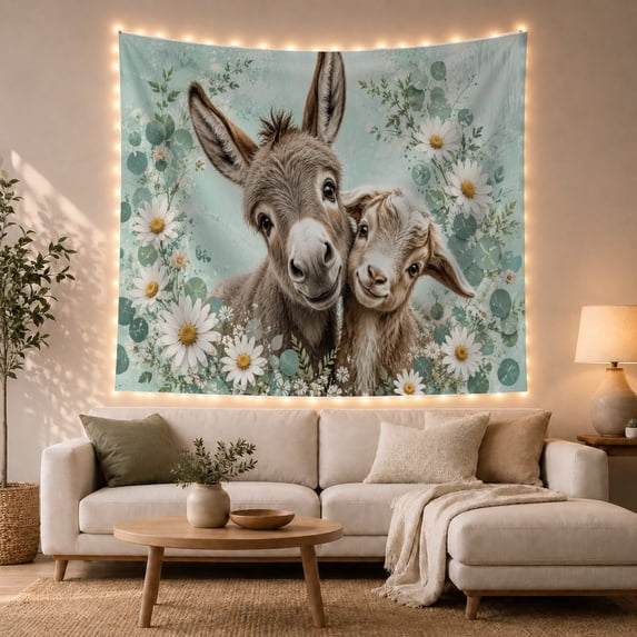 Donkey And Baby Goat Among Flowers Playful Farmhouse Illustration for Animal Lovers Country Wall Decor Housewarming Gift Tapestry Wall Hanging for Bedroom, Nursery and Living Room