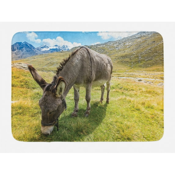 Donkey Bath Mat, Donkey Eating Grass in Mountain Landscape Rural Pasture Area Summer Nature, Plush Bathroom Decor Mat with Non Slip Backing, 29.5" X 17.5", Multicolor, by Ambesonne