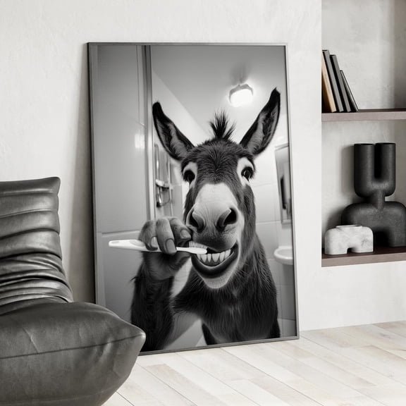 Donkey Bathroom Humor Wall Art, Black White Retro Animal Decor, Stretched Canvas Size 16x24