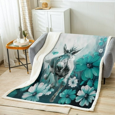 Donkey Blanket Daisy Flowers 50"x60" Throw Blanket,Turquoise Ombre Oil Painting Fleece Blanket Graffiti Art Bed Blanket Farm Animals Butterfly Bohemian Decor