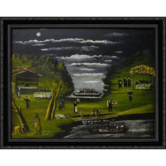 Donkey Bridge 34x28 Large Black Ornate Wood Framed Canvas Art by Niko Pirosmani