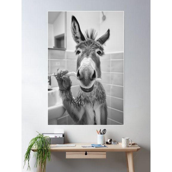 Donkey Brushing Teeth In The Bathroom Poster Wall Art, Modern Wall Decor For Living Room Bedroom, 24x36 UNFRAMED