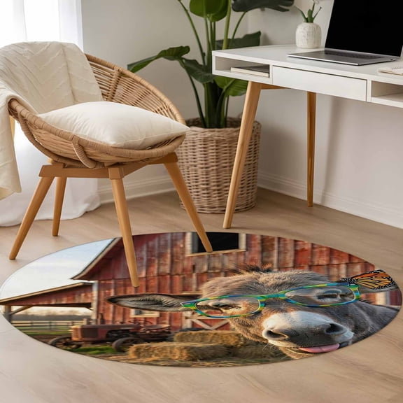 Donkey Butterfly 3.3ft Round Rug for Bedroom Reading Corner, Funny Farm Sunglasses Donkey Butterfly Washable Non Slip Circle Area Rug