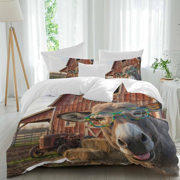 Donkey Butterfly Duvet Cover Set Full Size, Funny Farm Sunglasses Donkey Butterfly 4 Piece Bedding Set with Zipper Closure & Corner Ties Soft Breathable Comforter Cover for Bedroom