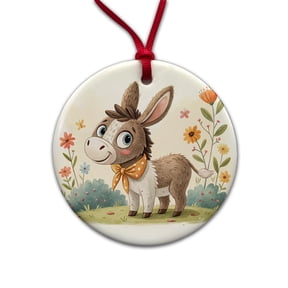 Donkey Children's Illustration Style Christmas Tree Holiday Round Ceramic Ornament