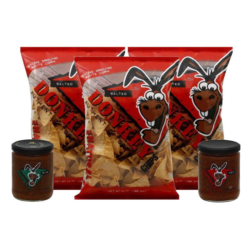 Donkey, Chips & Salsa Snack Pack, 3 Tortilla Chips Salted 14 oz, 1 Hot