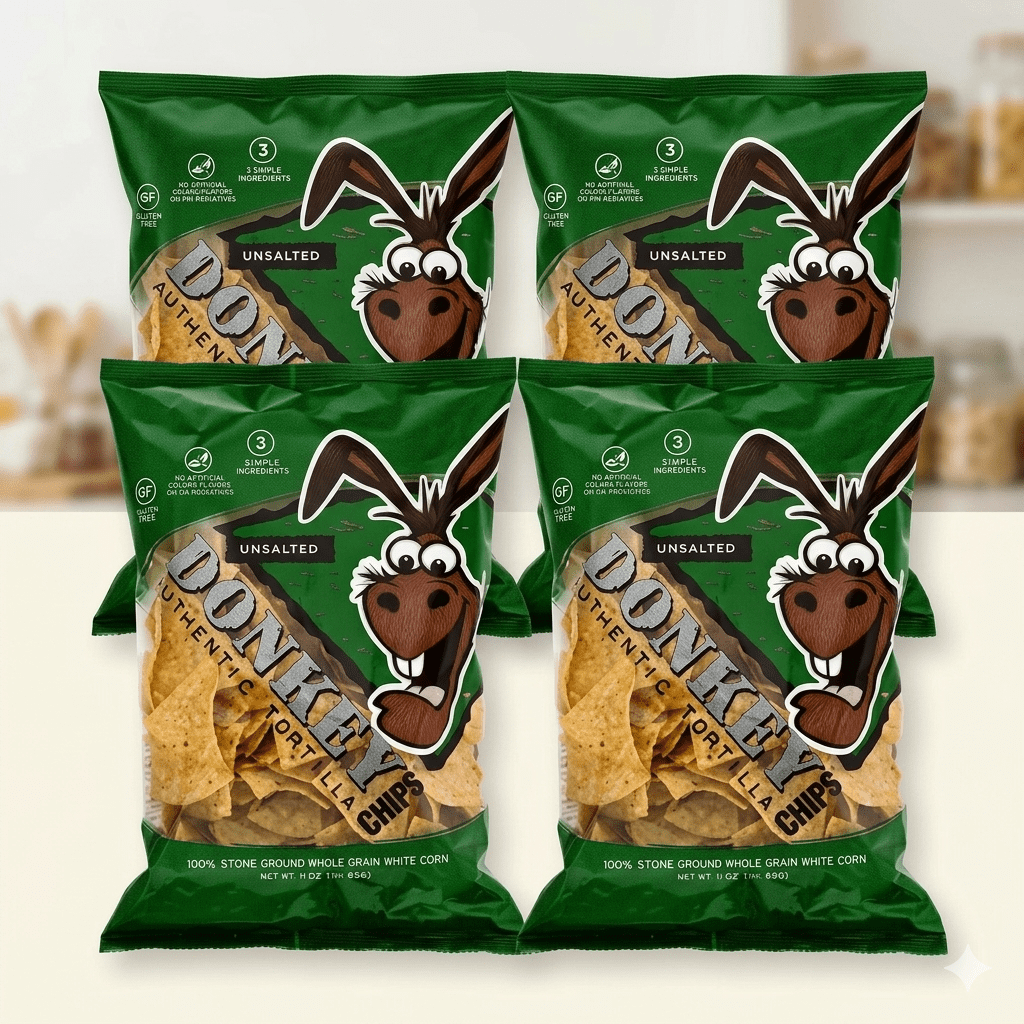 Donkey Chips Unsalted Tortilla Chips, 11 oz, 4 Pack – Crispy Corn Snacks