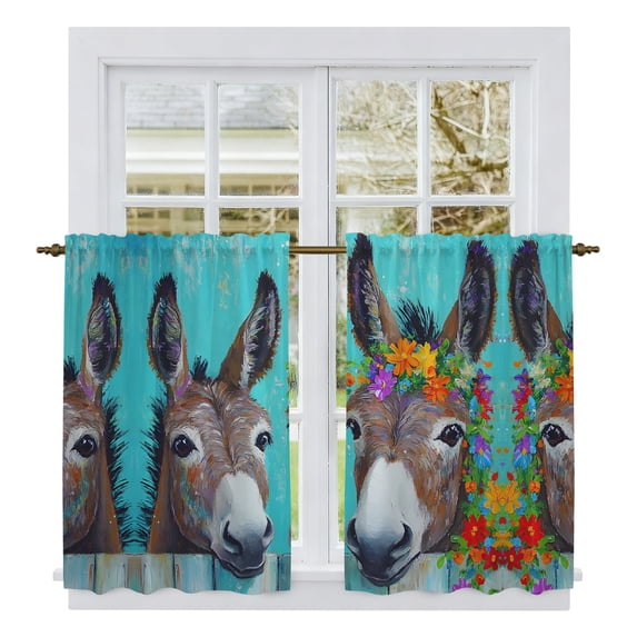 Donkey Couple Tier Curtains 54 Inch Length, Funny Animals Flowwers Wooden Oil Paint Cafe Short Curtains for Bathroom Over Sink, Small Kitchen Curtain Light Filtering Drapes 2 Panels 27.5"Wx54"L