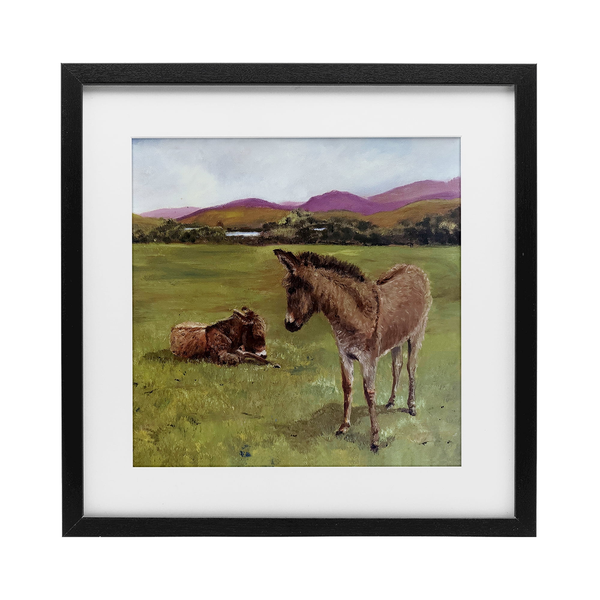 Donkey Duo in Pasture Black Framed Print Under Glass, design by Patricia Reynolds