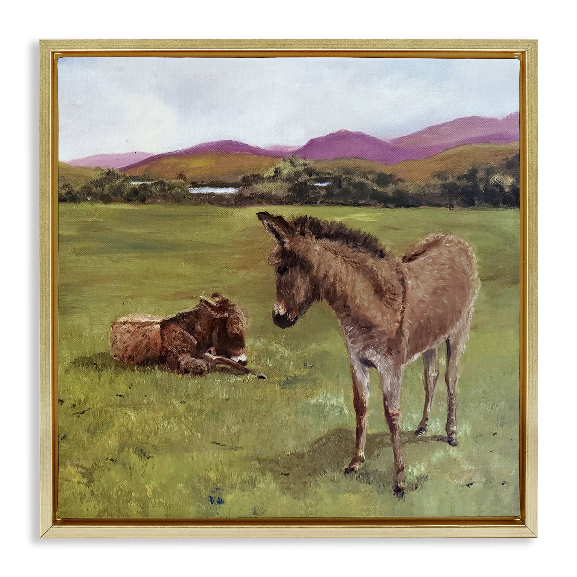 Donkey Duo in Pasture Gold Framed Floater Canvas Wall Art, design by Patricia Reynolds