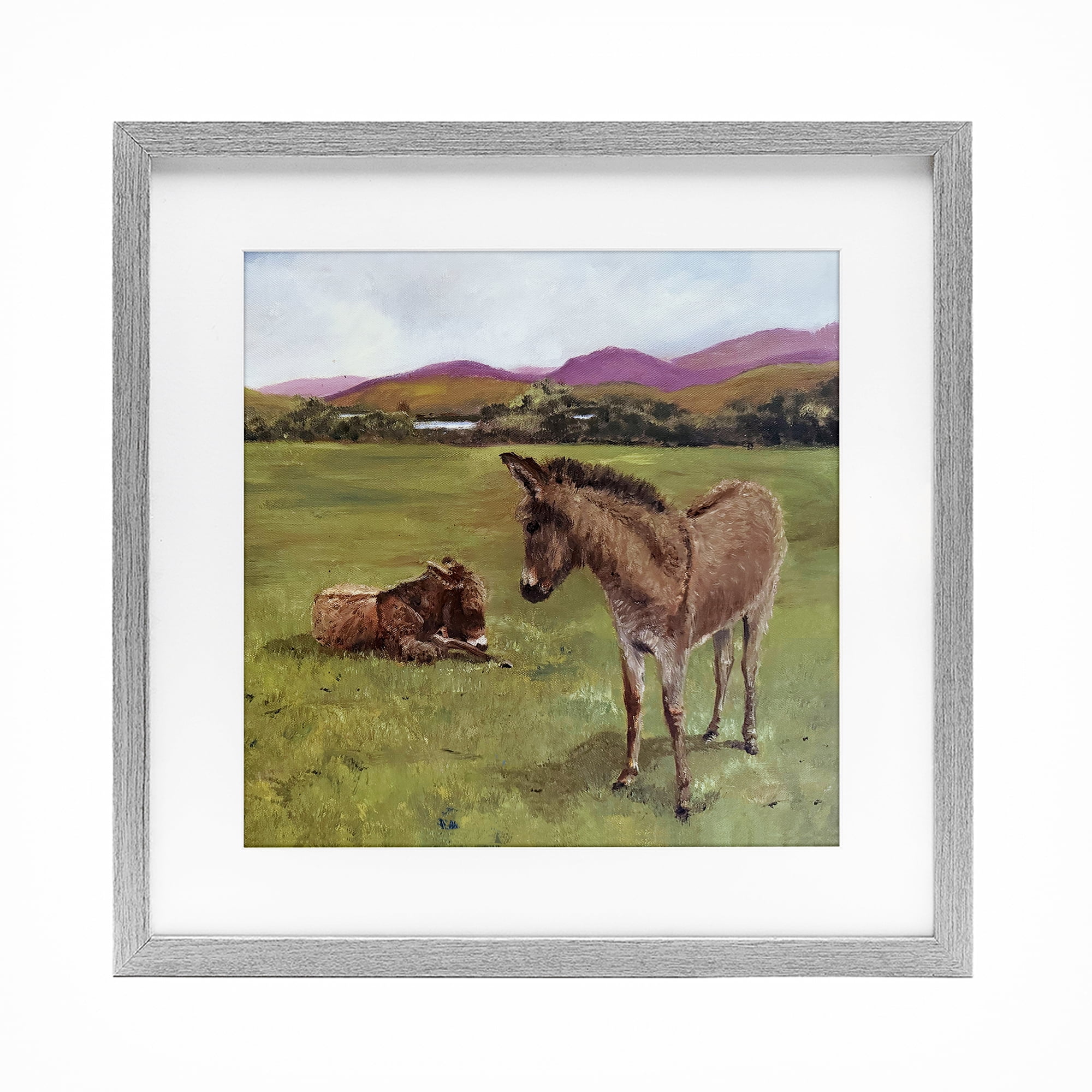 Donkey Duo in Pasture Gray Framed Print Under Glass, design by Patricia Reynolds