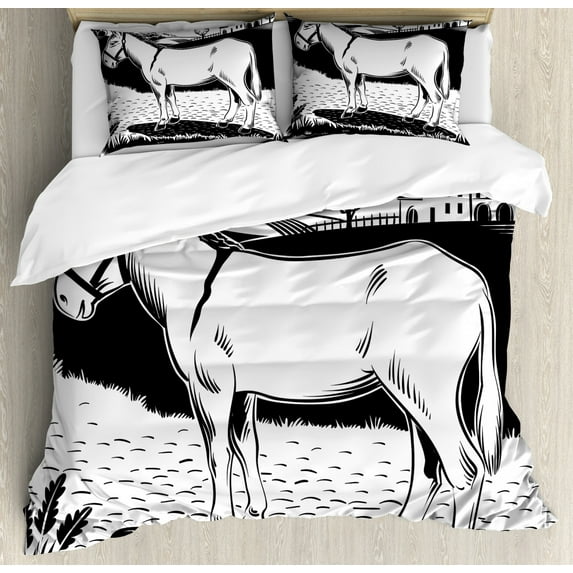 Donkey Duvet Cover Set King Size, Donkey Standing on the Side of a Road in the Village Animals Farmlife Concept, Decorative 3 Piece Bedding Set with 2 Pillow Shams, Black and White, by Ambesonne
