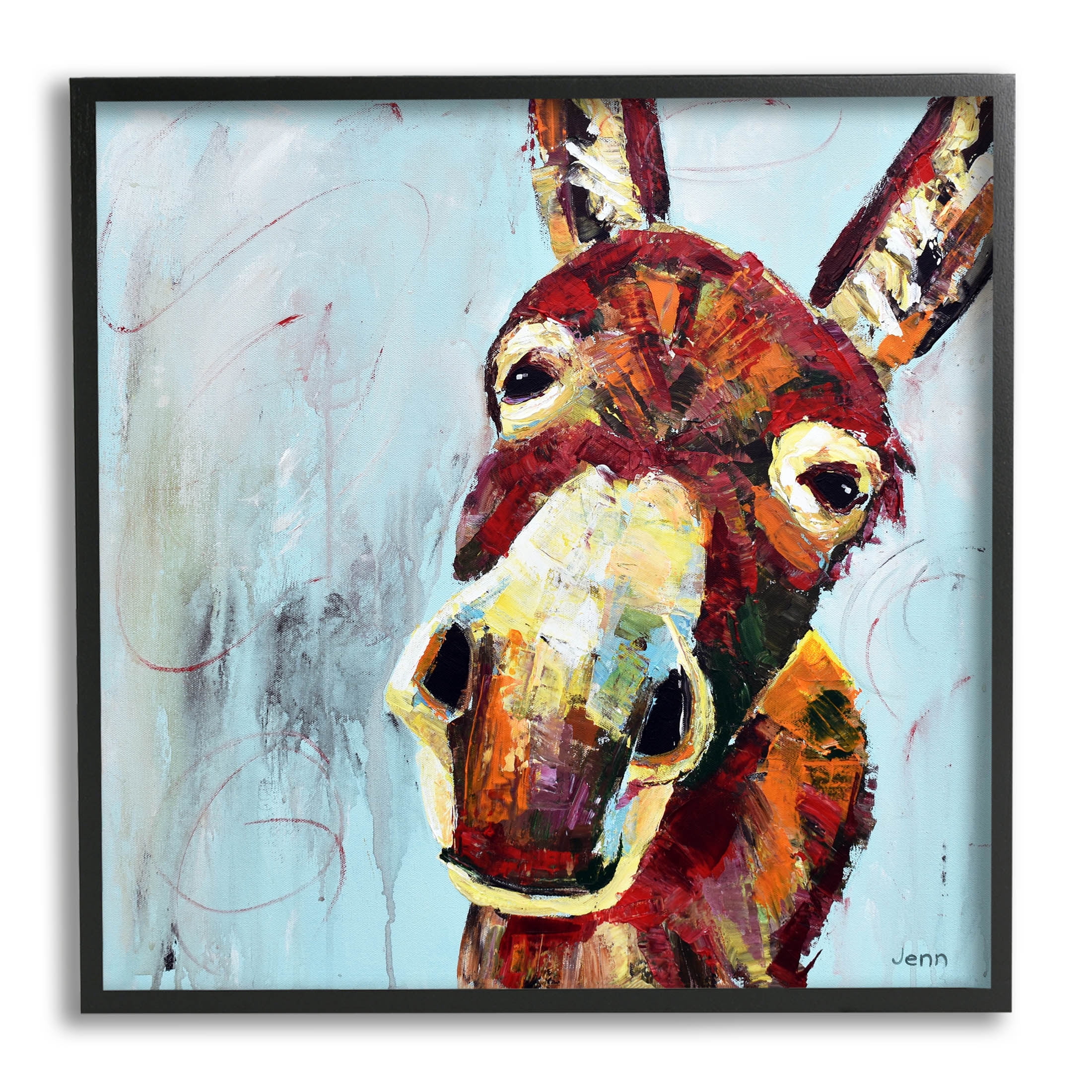 Donkey Face Blue Background Animals & Insects Painting Black Framed Art Print Wall Art