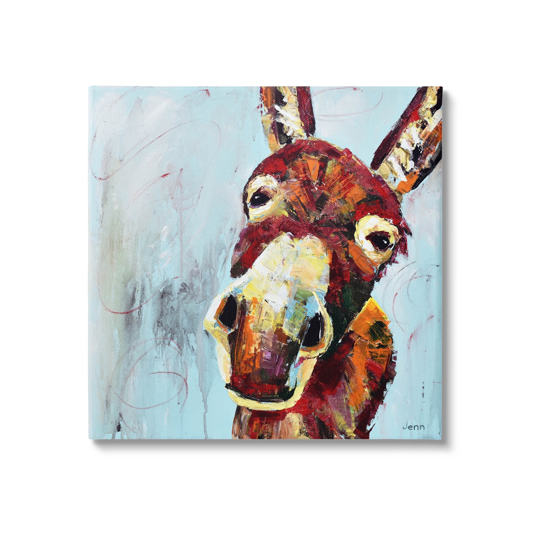 Colorful Donkey Face on Blue Canvas Wall Art, 17" x 17"