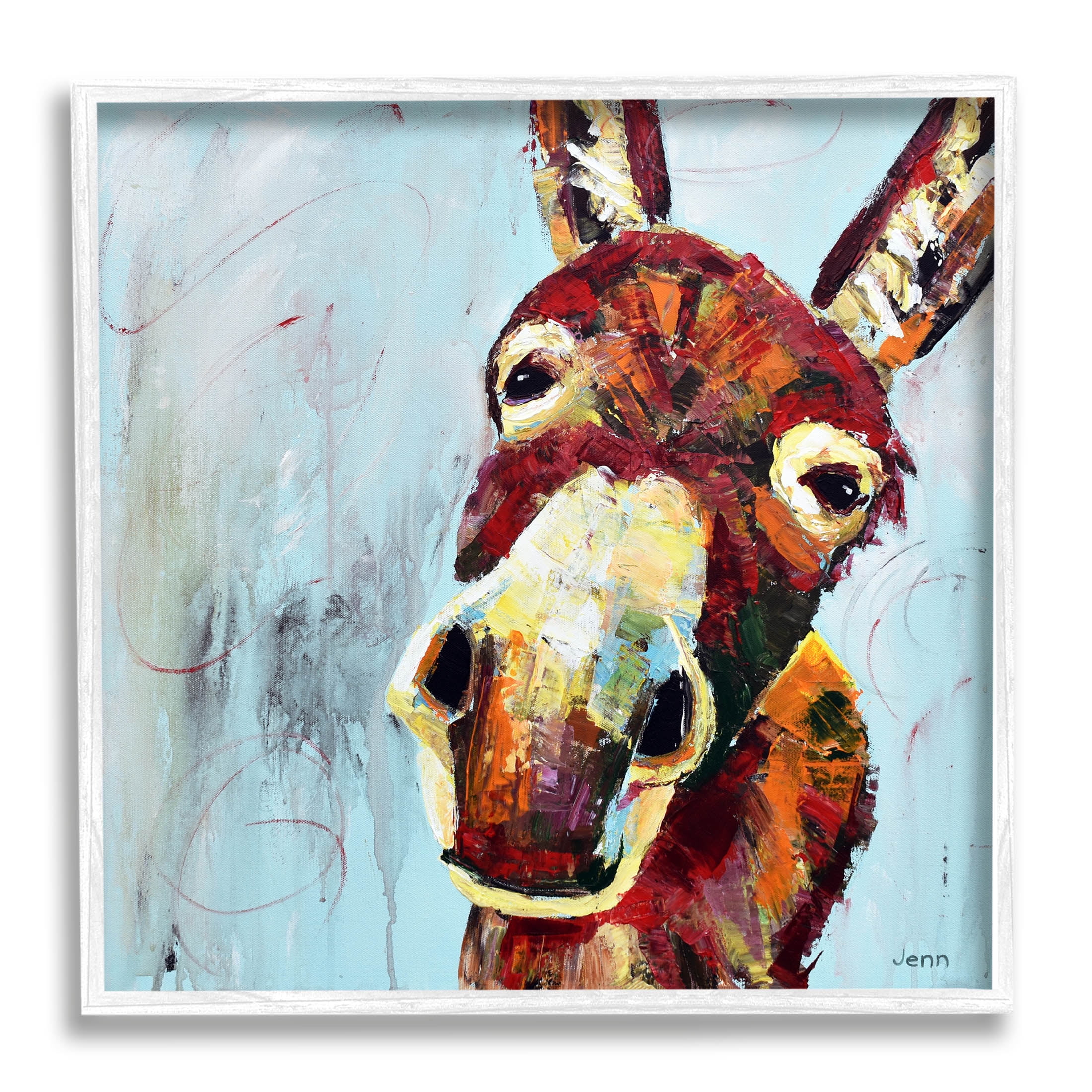 Donkey Face Blue Background Animals & Insects Painting White Framed Art Print Wall Art