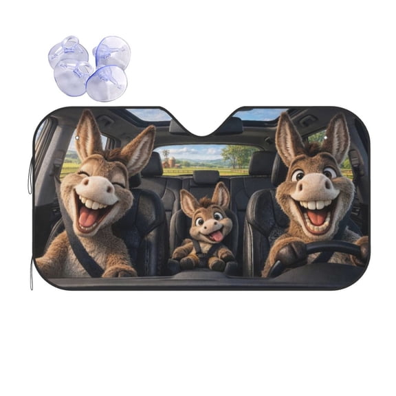Donkey Family Windshield Sun Shade, Cute Farm Animal Road Trip Design, Foldable Front Window Cover Blocks UV Rays Heat Glare, Auto Sun Visor for Car SUV Truck