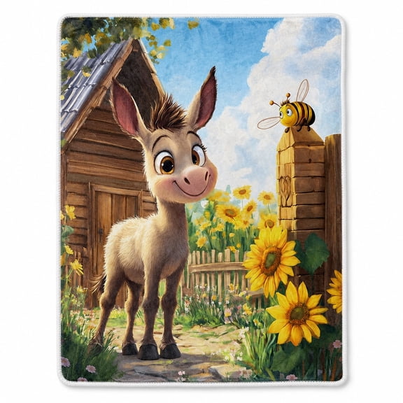 Donkey Farm Scene Sherpa Throw Blanket, Soft Polyester Fleece 2-Layer, Multicolor