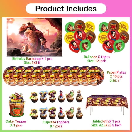 Donkey Kong Bananza Party Supplies Set Banner Balloons Plates Cups Tablecloth