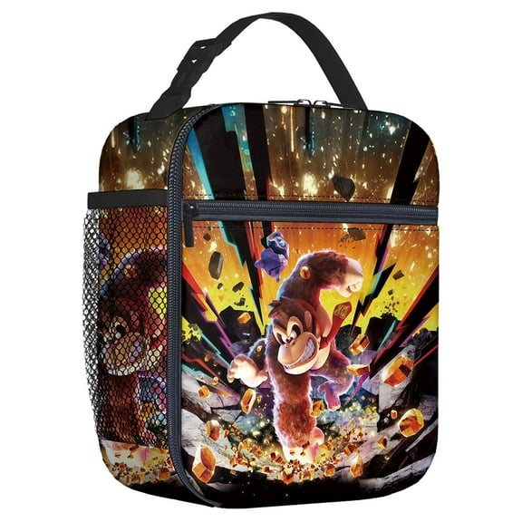For Donkey Kong Cartoon Themed Insulated Lunch Bag Reusable Water Resistant Cooler Tote, with Mesh Side Pocket and Zipper, Lunch Box Size 8.66x4.33x10.24 Inch Suitable for Camping, Trips, Picnics