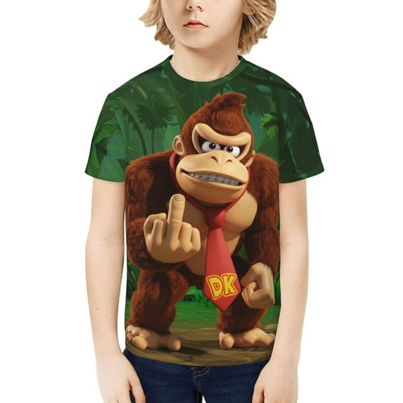 Donkey Kong Funny 3D Printed Graphic Tee, Lightweight T-Shirts for Boys Girls, Novelty Crew Neck Short Sleeve Tops for Kids