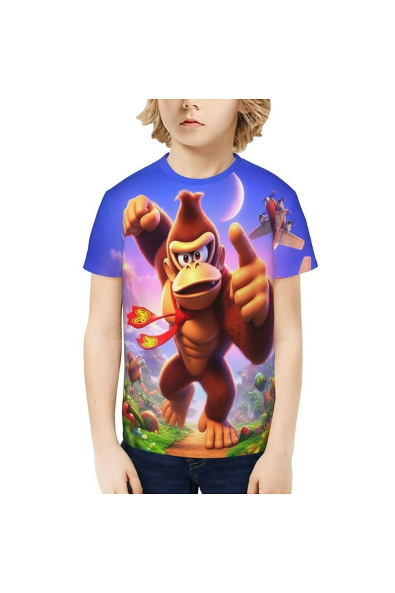 Donkey Kong Funny 3D Printed Graphic Tee, Lightweight T-Shirts for Boys Girls, Novelty Crew Neck Short Sleeve Tops for Kids