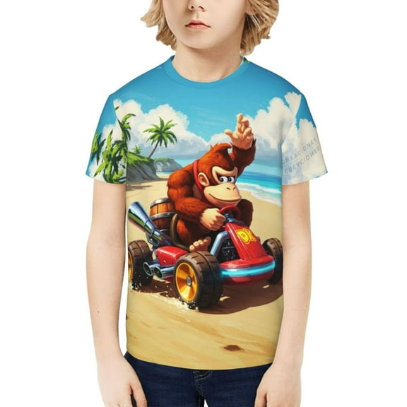 Donkey Kong Funny 3D Printed Graphic Tee, Lightweight T-Shirts for Boys Girls, Novelty Crew Neck Short Sleeve Tops for Kids