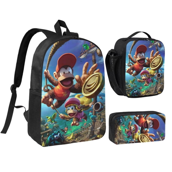 Donkey Kong Laptop Backpack 3 Piece Set with Lunch Box And Pencil Case, 3D Printed Lightweight High-capacity Bookbag Fashion Bento Backpack