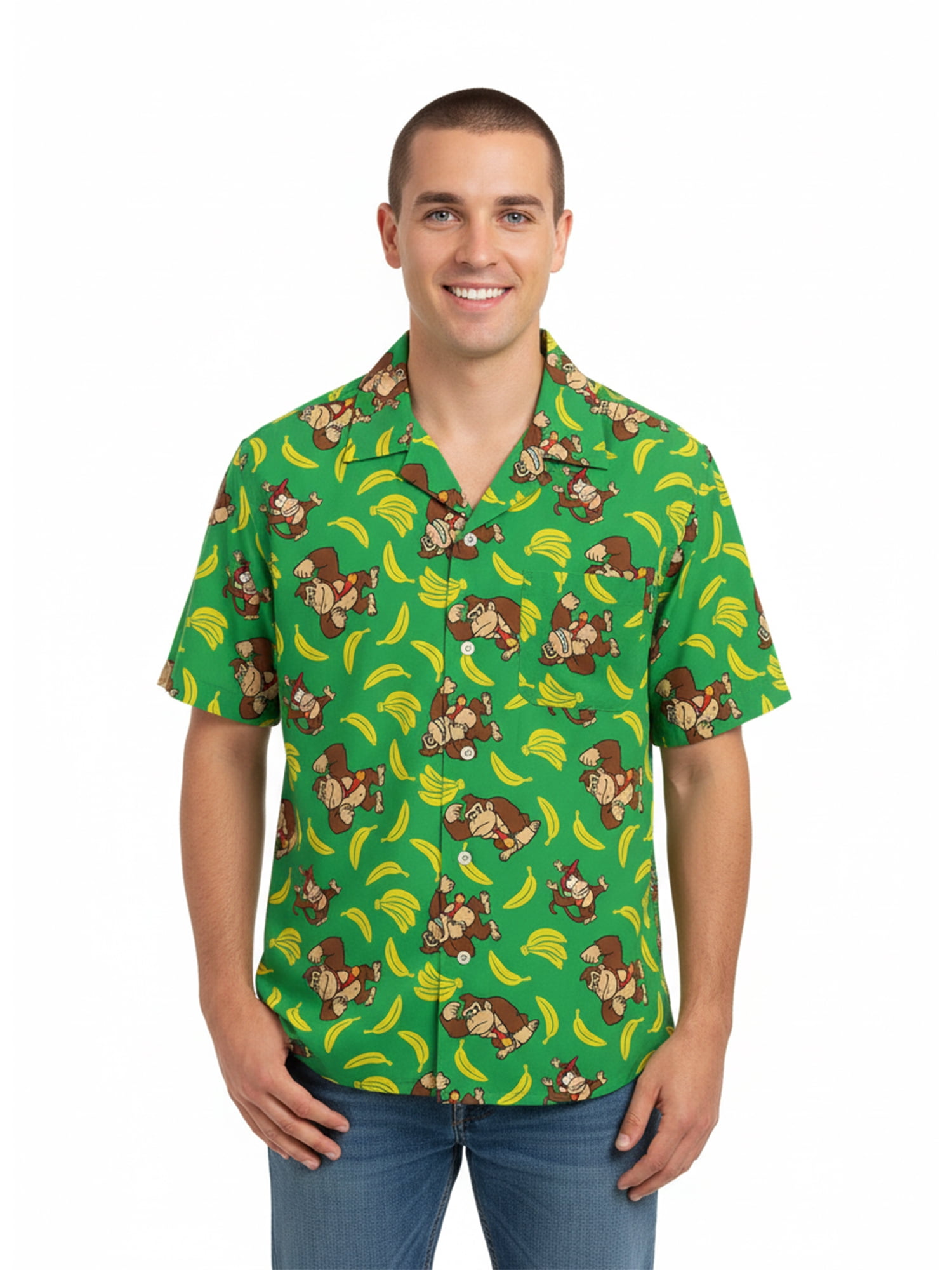 Donkey Kong Men’s Short Sleeve Button-Up Camp Shirt, Sizes S–3XL