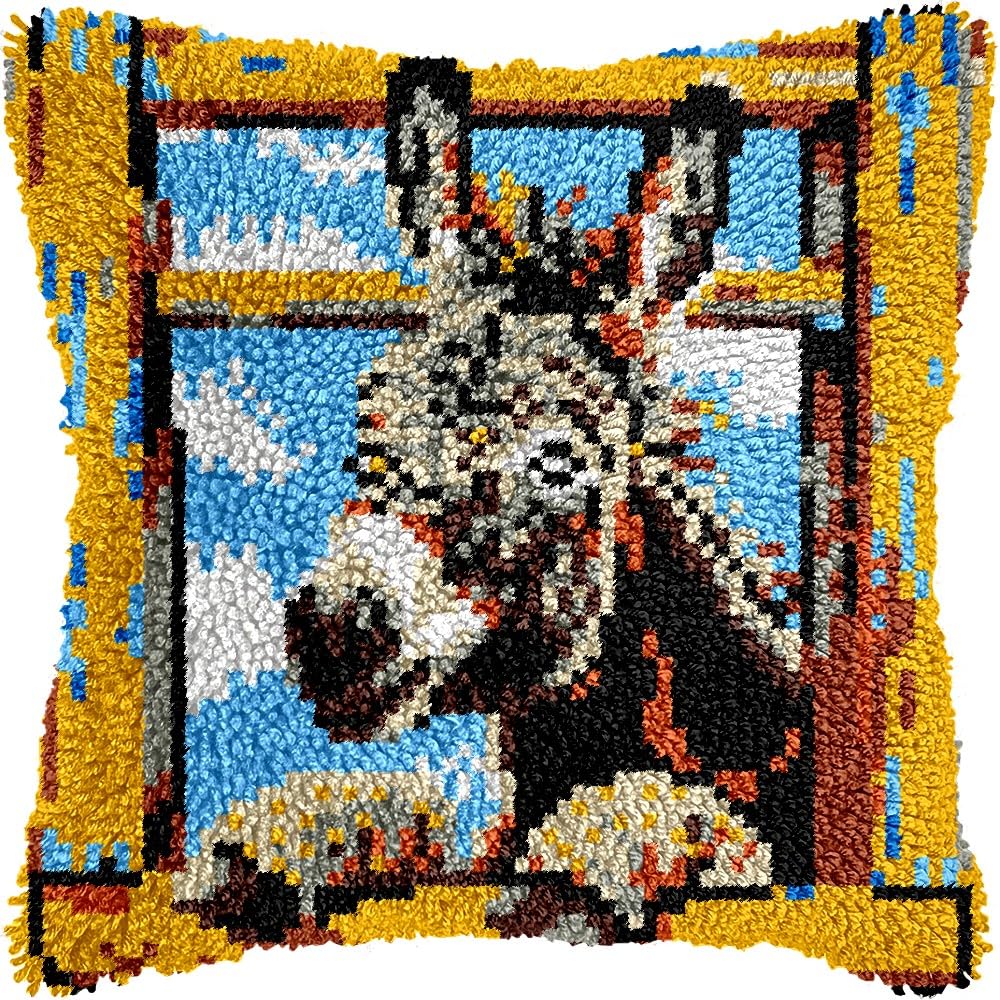 Donkey Latch Hook Pillow Kits for DIY Handmade Throw Pillow Cushion Embroidery Latch Hooking Pillowcase Kits with Preprinted Canvas Crochet Yarn Kits 17''X 17''(g309)