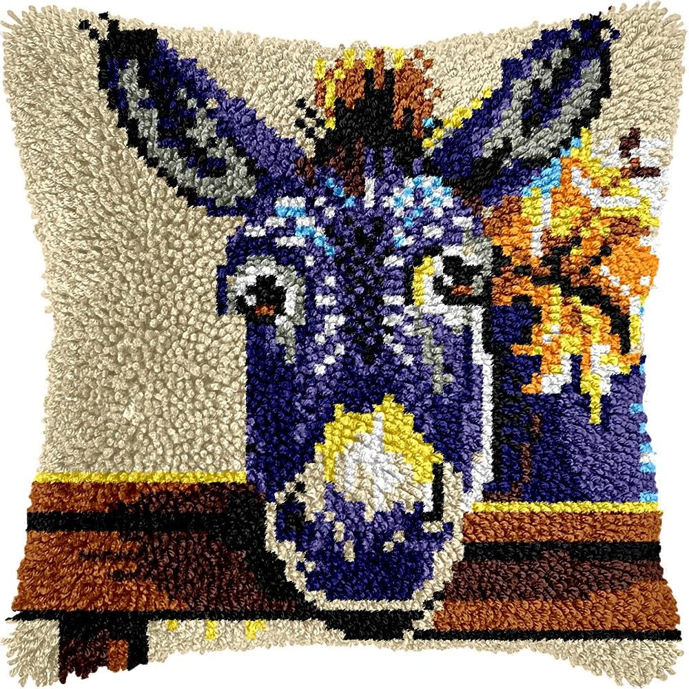 Donkey Latch Hook Pillow Kits for DIY Throw Pillow Cushion Embroidery Latch Hooking Pillowcase Kits with Preprinted Canvas Crochet Yarn Kits for Home Decor 17''X 17''(C77)
