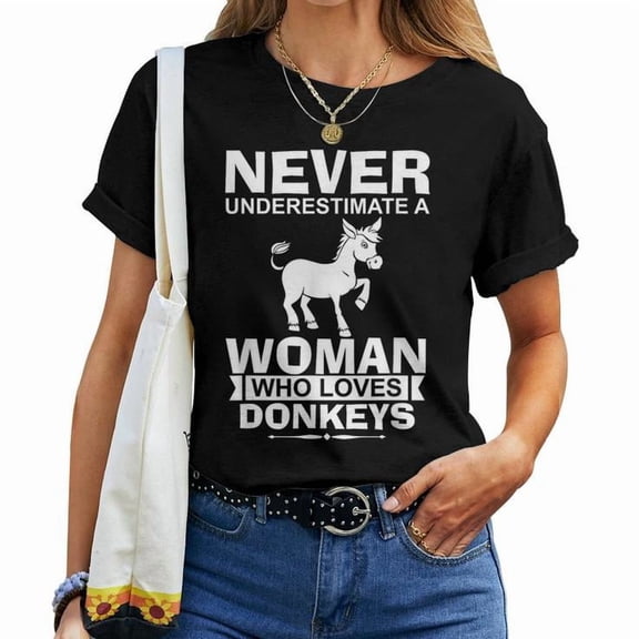Donkey Lover Never Underestimate a Woman Who Graphic Cotton Tee Unisex Adult Casual Animal Lover T-Shirt, Size 4XL, Color Black