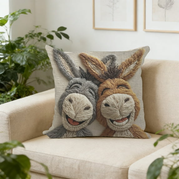 Donkey Pillow Cover, Happy Animals Throw Pillow, Faux Embroidery Farm Decor Cushion, 18x18 Inch Fun Animal Pillow for Living Room and Sofa