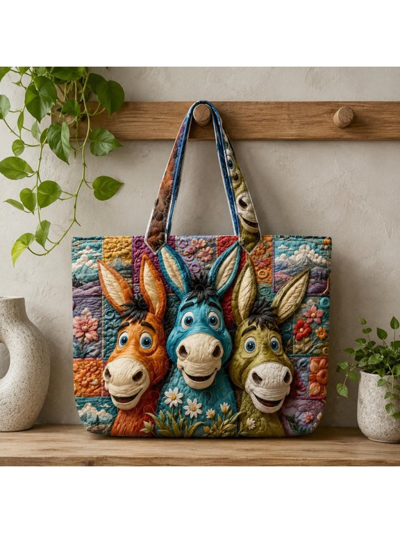 Donkey Quilted Tote Bag, Personalized Patchwork Farm Animal Handbag, Cute Funny Donkey Tote Gift for Donkey Lover Women
