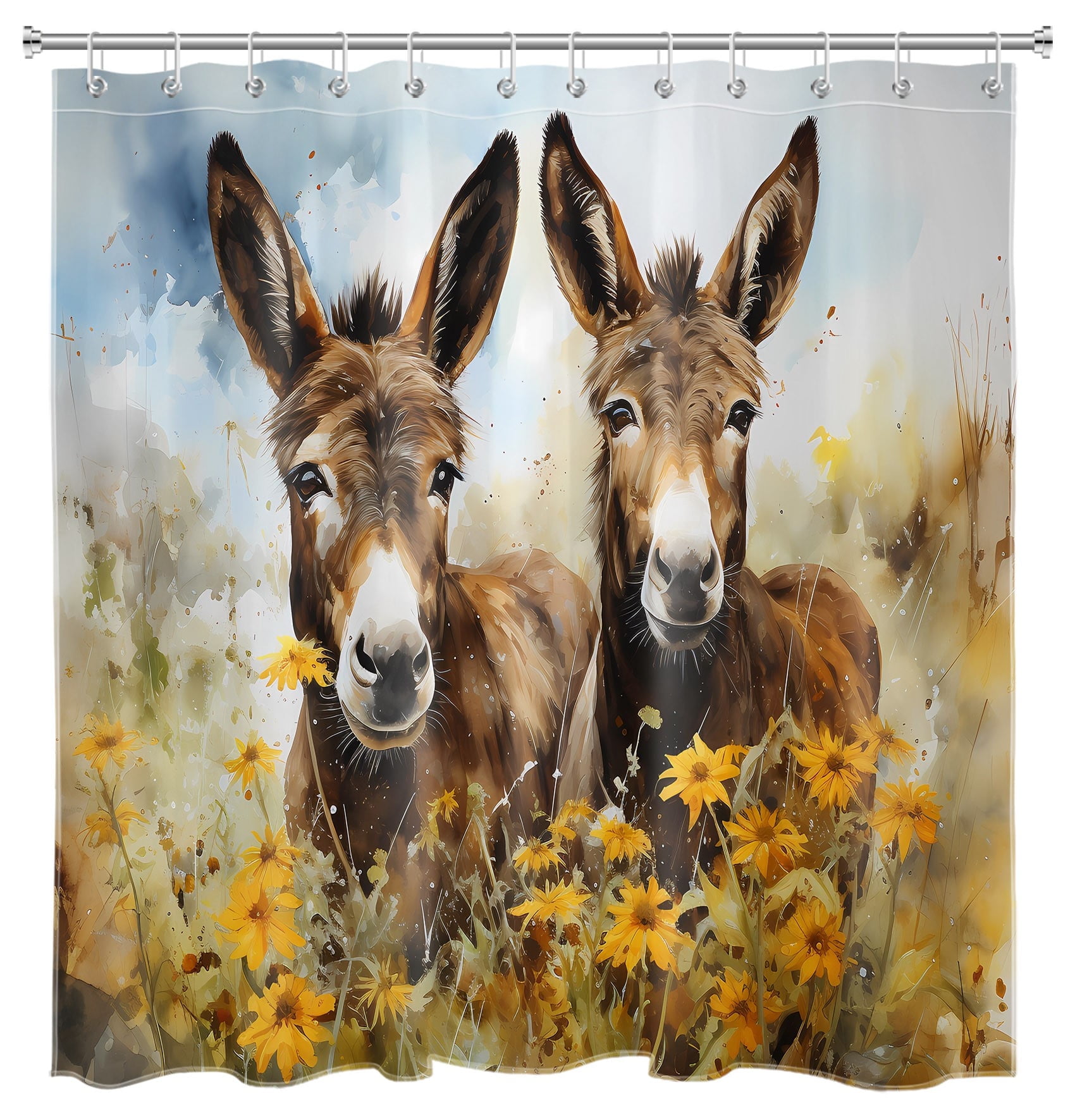 Donkey Shower Curtain Yellow Floral Rustic Farmhouse Bathroom Shower Curtain Watercolor Painting Art Vintage Home Decor Waterproof Durable Shower Curtain Accessories with 12 Hooks 72x78 Inches