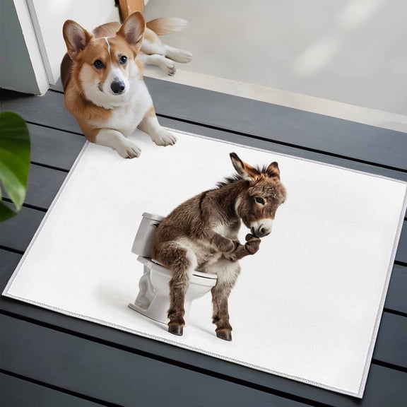 Donkey Sitting on The Toilet Thinking Entryway Area Rug 2x3 Abstract Funny Animal Low-Profile Area Rugs with Non Slip Backing Indoor Door Mat for Entrance Living Room Bedroom Home Office