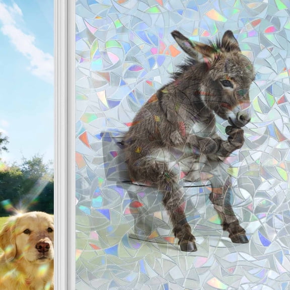 Donkey Sitting on The Toilet Thinking Rainbow Window Privacy Film, Abstract Funny Animal Stained Glass Window Film, Sun Blocking Glass Clings Static Cling Non Adhesive Door Stickers 23.6 x 59 Inches
