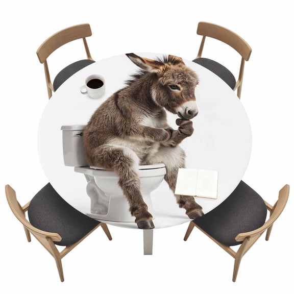Donkey Sitting on The Toilet Thinking Round Fitted Tablecloth with Elastic Edge Abstract Funny Animal Table Cover Fit for 36"-44" Tables Waterproof Tablecloths for Dinner Camping Picnic