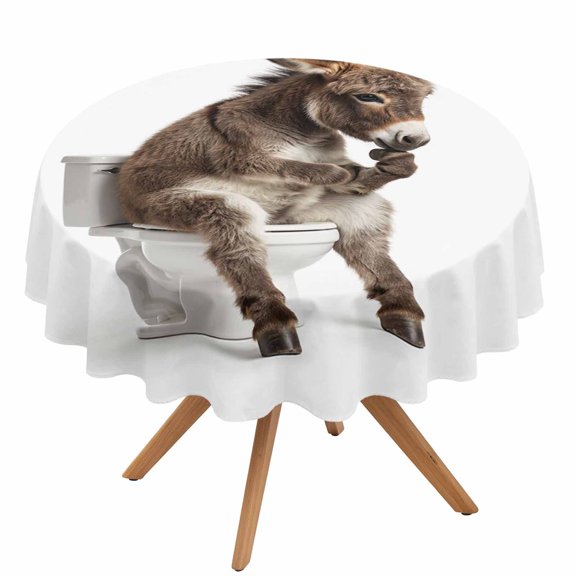 Donkey Sitting on The Toilet Thinking Round Tablecloth 60 Inch Abstract Funny Waterproof Spillproof Circle Table Cloth Washable Round Table Cover for Party, Picnic, Indoor and Outdoor Dining