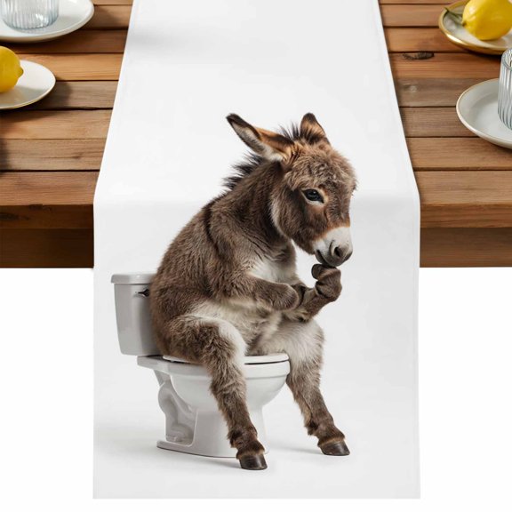 Donkey Sitting on The Toilet Thinking Table Runner, Abstract Funny Animal Cotton Linen Table Cloth, Tablerunner for Kitchen Dining Party Wedding Home Decor 13x36 Inch