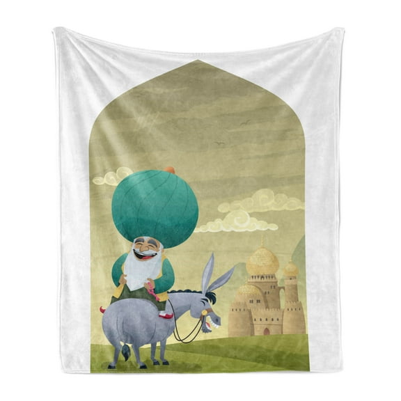 Donkey Soft Flannel Fleece Blanket, Cartoon of Nasreddin Hodja Riding the Donkey Backwards Famous Anatolian Fable Theme, Cozy Plush for Indoor and Outdoor Use, 70" x 90", Multicolor, by Ambesonne