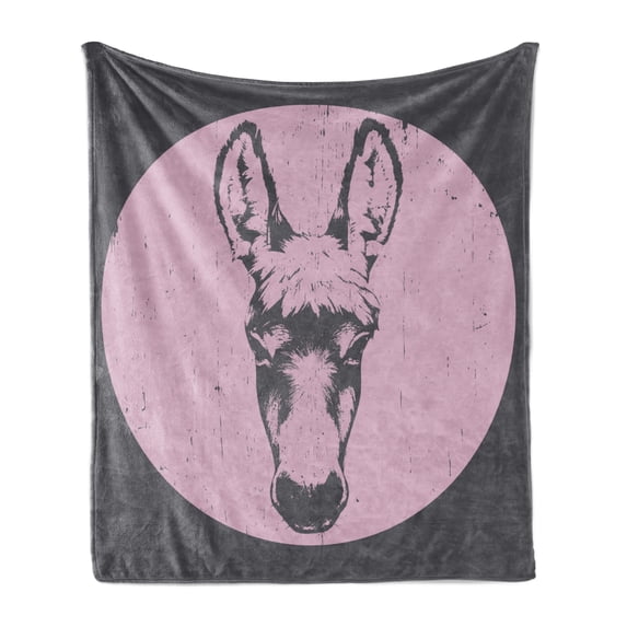 Donkey Soft Flannel Fleece Blanket, Grunge Effect Donkey Portrait with Circle Frame Hipster Sketch Mammal Animal, Cozy Plush for Indoor and Outdoor Use, 50" x 60", Baby Pink and Grey, by Ambesonne