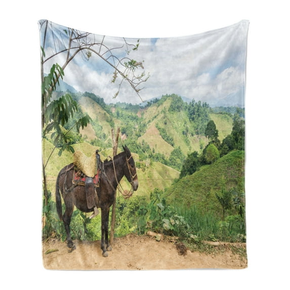 Donkey Soft Flannel Fleece Throw Blanket, Animal Nature Hills in Rural Colombia Mountains Landscape Illustration, Cozy Plush for Indoor and Outdoor Use, 50" x 60", Multicolor, by Ambesonne