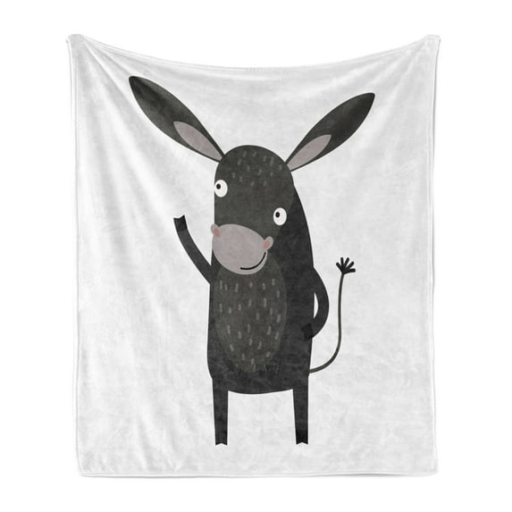 Donkey Soft Flannel Fleece Throw Blanket, Comic Happy Donkey with a Funny Smile on His Face Cartoon Mule, Cozy Plush for Indoor and Outdoor Use, 50" x 70", Charcoal Grey Pale Grey, by Ambesonne