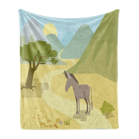 Donkey Soft Flannel Fleece Throw Blanket, Flat Design Habitat with a Donkey in the Mountains Wildlife Zoo Animals Cartoon, Cozy Plush for Indoor and Outdoor Use, 50" x 70", Multicolor, by Ambesonne