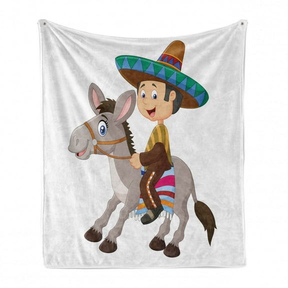 Donkey Soft Flannel Fleece Throw Blanket, Illustration of a Mexican Man Wearing a Traditional Sombrero and Riding a Donkey, Cozy Plush for Indoor and Outdoor Use, 70" x 90", Multicolor, by Ambesonne